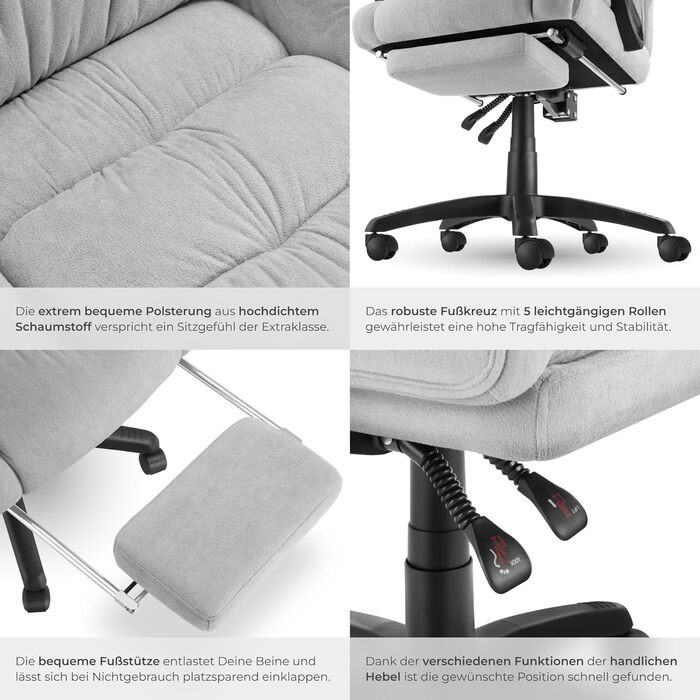 Ергономічне офісне крісло tectake, велюрове поворотне крісло, офісне крісло з підставкою для ніг, крісло керівника, письмове крісло, крісло, ігрове крісло, ергономічне офісне крісло, ігрове крісло - сірий колір