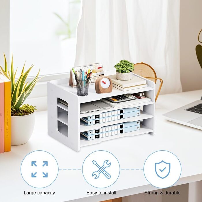 Лоток для листів формату А4, органайзер для офісу, лоток для акуратного зберігання паперу формату А4, ручок, книг, листів, документів, тримач для документів (білий - 4 відділення)