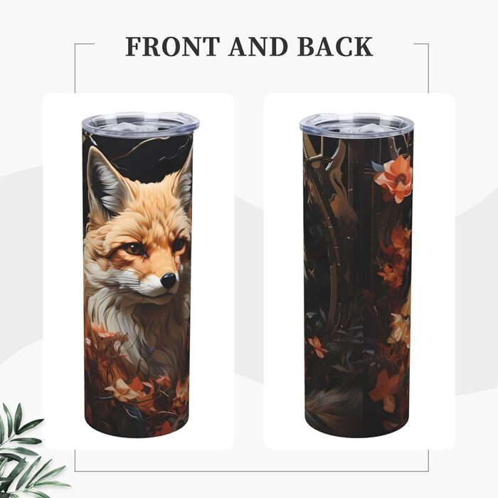 Кухоль з прямою трубочкою, принтом лисиці та квітів, дорожній кухоль, підходить для кемпінгу, офісу та дому, 590 мл