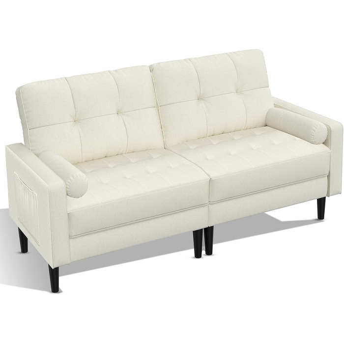 Місний диван, невелика кушетка з 2 подушками та підлокітниками, лляний диван у стилі середини століття для вітальні, спальні, бежевий кремовий колір, 2-