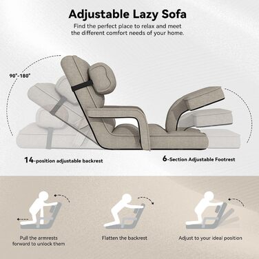 Крісло UNIONLINE, регульоване складне ігрове крісло з підлокітниками, подушкою та підставкою для ніг, одне крісло, ліжко для спальні, для дому, офісу, бежевий