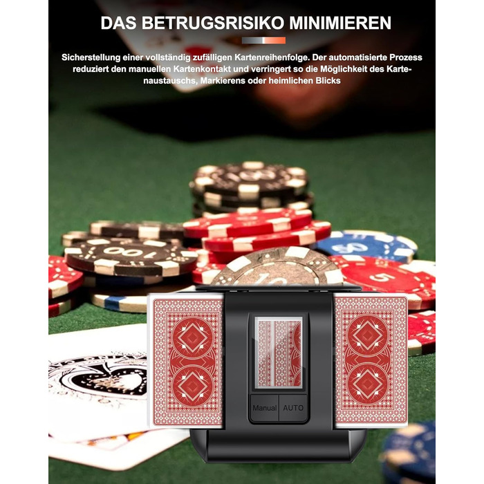 Автоматичний мішальник карт, електричний, з USB-C підзарядкою 2000mAh для 1-2 колод Тихий режим, автоматичний/ручний вибір Сумісний з Phase 10, Покером, UNO, Блекджеком, колір - чорний