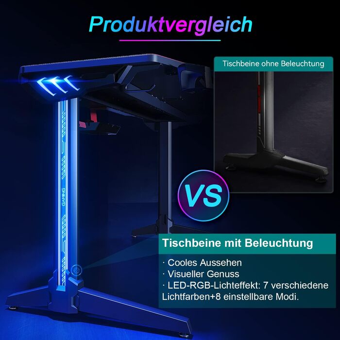 Ігровий стіл SONNI зі світлодіодним освітленням, площа поверхні 140 см/стіл для ПК/ігровий стіл, підтримує 2-3 монітори з килимком для миші, тримачем для напоїв та гачком для навушників, 140 x 60 см