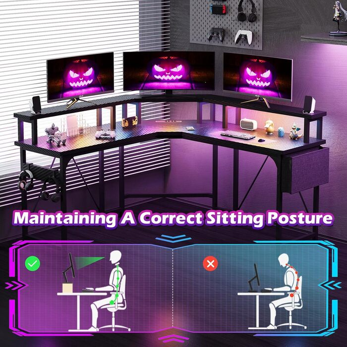 Ігровий стіл Devoko LED 153x153 см, ігровий стіл з підставкою для монітора, ігровий стіл для ПК з 2 розетками та 2 портами для зар