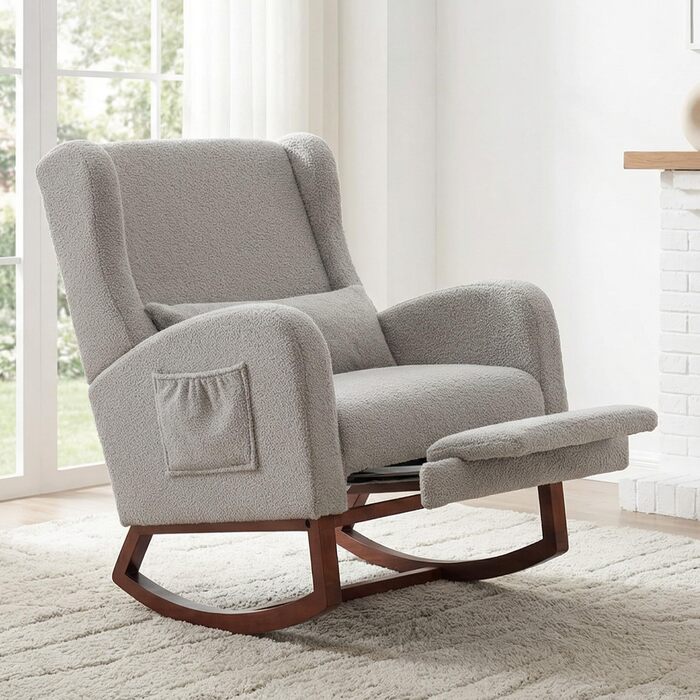 Крісло-гойдалка з підставкою для ніг, крісло-гойдалка, м&39яке крісло для годування з дерев&39яними ніжками та боковими кишенями, крісло для годування з високою спинкою для вітальні, спальні, дитячої кімнати (оксамитовий світло-сірий)