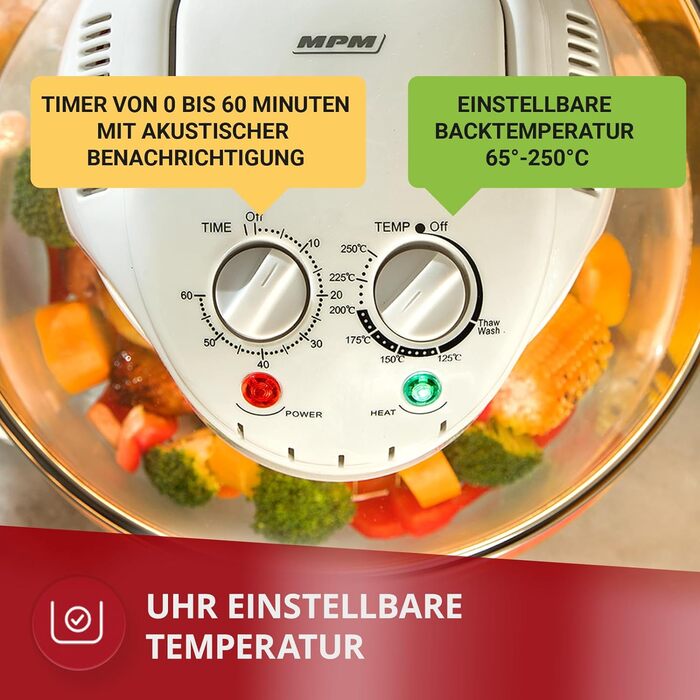 Багатофункціональна духова шафа-гриль MPM MKO-01 з галогенною конвекцією, 220 C, таймер на 60 хвилин, розширювальне кільце ємністю 16,5 літрів, 1400 Вт, скло 17л