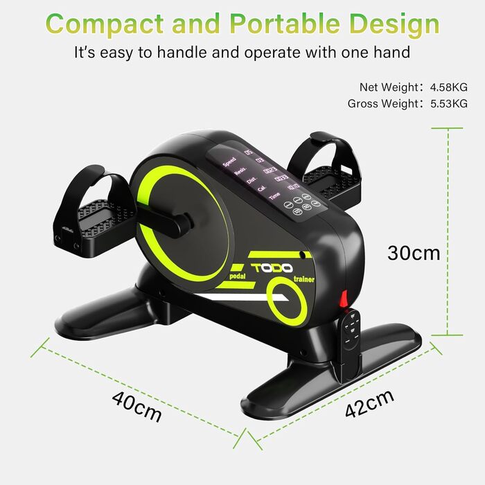 Електричний педальний тренажер TODO для людей похилого віку з 12 швидкостями, міні-велотренажер з автоматичним-ручним режимом, 6 рівнями опору, тренажер для ніг сидячи, РК-дисплей, пульт дистанційного керування та ремінець для ноги