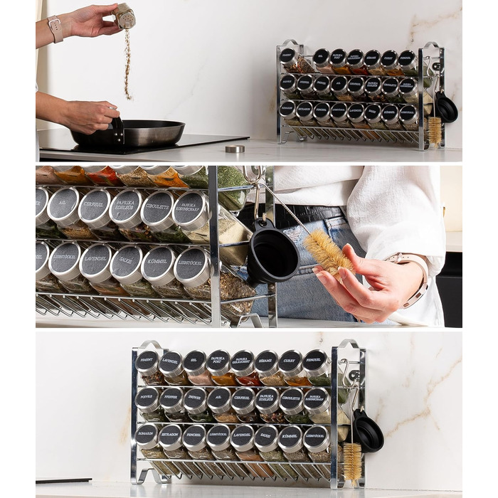 Квадратна підставка для спецій Deco haus з банками для спецій - Банки для спецій з полицею - Настінна підставка для спецій, підставка для спецій з набором з 24 банок для спецій - Металева підставка для спецій, не потребує свердління, хром - Набір з 24 пре