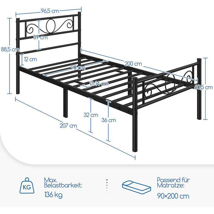 Каркас ліжка Yaheetech 90 x 200 см Металеве ліжко з рейковою основою Односпальне/двоспальне ліжко для гостей Дитяче ліжко з узголів&39ям для спальні Гостьова кімната Чорний колір 90 x 200 см