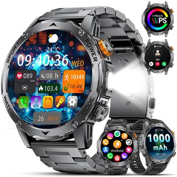 Чоловічий військовий смарт-годинник - акумулятор 1000 мАг/великий HD-дисплей 1,75 дюйма, смарт-годинник з ліхтариком/дзвінками через Bluetooth/130 спортивних режимів, водонепроникний фітнес-годинник IP68 з монітором серцевого ритму/сну, для Android iOS EF