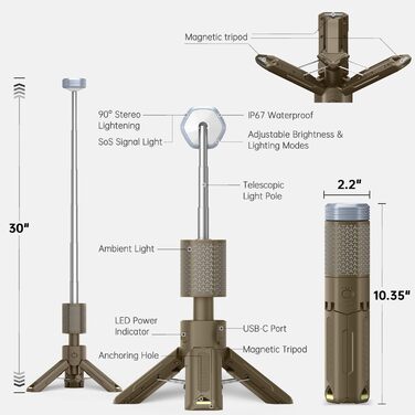 Ліхтар для кемпінгу Mytrix з акумулятором 10000 мАг, магнітною основою - ідеально підходить для пригод, походів, кемпінгу, прямих трансляцій. Телескопічно складаний магнітний кемпінговий ліхтар - жовтий Giallo