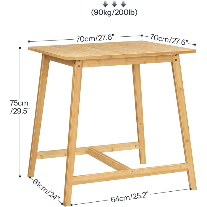 Невеликий обідній стіл, квадратний кухонний стіл 70 x 70 x 75 см, обідній стіл для 2-4 осіб, для невеликих приміщень, легке складання, їдальня, вітальня, офіс, колір натурального дерева EYL72CZ01