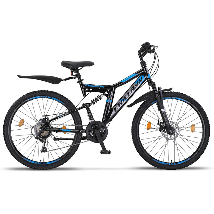Гірський велосипед Chillaxx Bike Falcon преміум-класу розміром 24, 26, 27,5 та 29 дюймів - Велосипед для хлопчиків, дівчаток, жінок та чоловіків - Дискові гальма - 21 швидкість - Повнопідвіска 26 дюймів Чорно-синій Дискові гальма