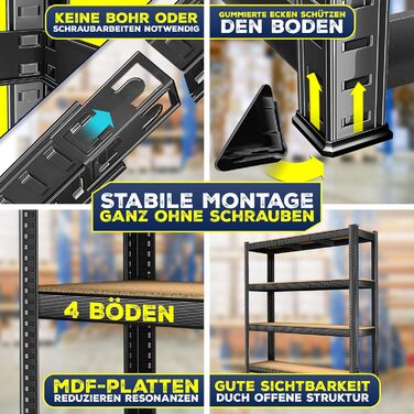 Міцний стелаж MASKO, стелаж для зберігання, підвальний стелаж, 160x160x60 см, вантажопідйомність 1200 кг, 4 регульовані полиці, панелі МДФ, металевий стелаж, стелаж без болтів, стелаж для майстерні, сталевий каркас, гаражний верстак, чорний, 4 полиці