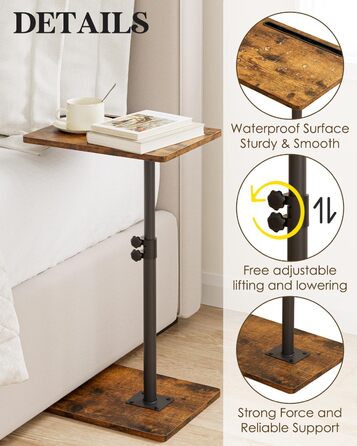 С-подібний журнальний столик, обертовий на 360, невеликий, регульований по висоті диванний столик, 40x30x(45-81) см, дерев&39яний журнальний столик/столик для ноутбука для спальні, вітальні, офісу (колір рустик-коричневий)