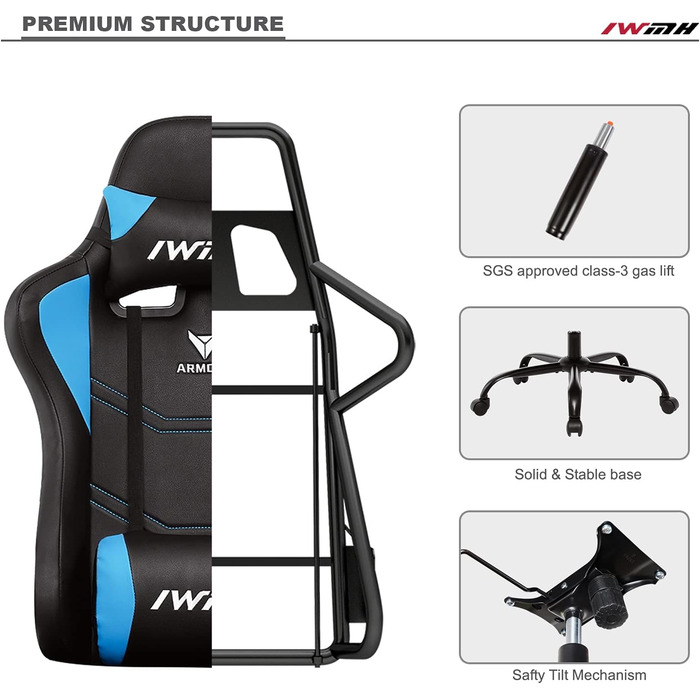 Геймерське крісло IntimaTe WM Heart, геймерське крісло з ергономічною спинкою, регульованим підголівником та поперековою опорою, синє
