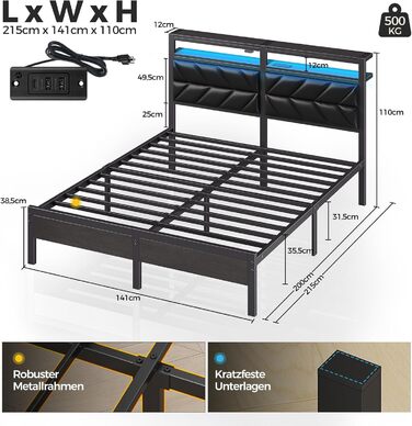 Ліжко Seventable 140x200 зі світлодіодним підсвічуванням, зарядною станцією (2 порти USB та 1 порт Type-C), металеве ліжко з м&39яким узголів&39ям та місцем для зберігання речей, двоспальне ліжко для спальні, чорне 140 x 200 см