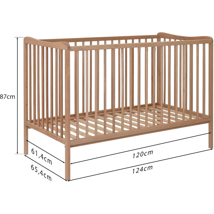 Дитяче ліжко Grzes 120x60 см, Натуральний колір, виготовлене з бука, перевірено на відповідність EN 716, регульована по висоті рейкова основа, 3 знімні перекладини, Натуральний колір