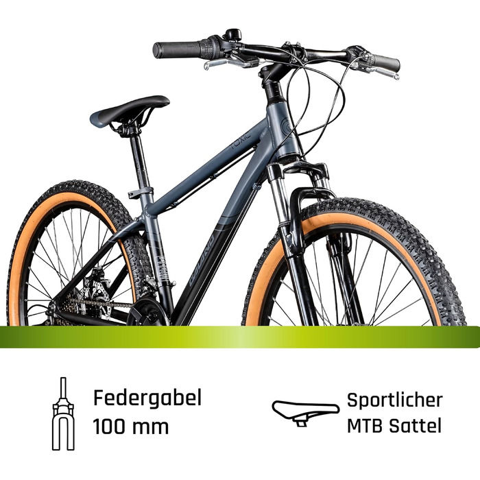 Гірський велосипед Galano Toxic 26 дюймів від 145 см для жінок, чоловіків, дівчат, хлопців з 21 передачею, амортизаційною вилкою та дисковими гальмами, гірський хардтейл, унісекс, чорний, 36 см