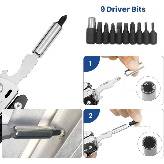 Мультитул Плоскогубці 12 в 1 з нержавіючої сталі, знімні складні ножиці, складні багатофункціональні плоскогубці, з 9 насадками дл