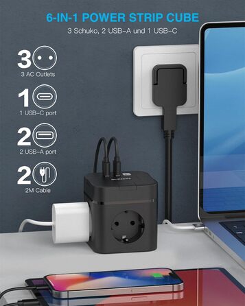 Куб розетки з USB C, 3 відділення з декількома розетками, плоска вилка з одним перемикачем, подовжувач з кабелем довжиною 2 м, 1 в