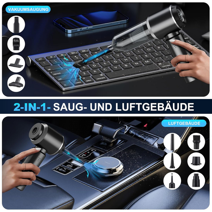 Акумуляторний ручний пилосос 2-в-1, акумуляторний ручний пилосос 18000PA, автомобільний пилосос Потужний, 3-швидкісний 200000 об/х