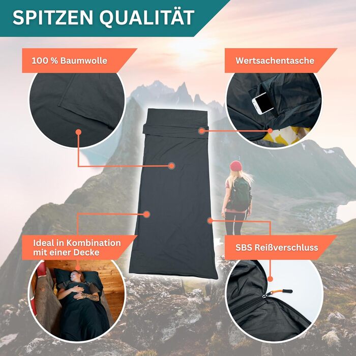 Бавовняний підклад для спального мішка - Ультралегкий та ультратонкий підклад для спального мішка без підкладки - Дорожній спальний мішок, невеликий розмір у пакувальному місці, підкладка з кишенею для подушки - Компактний та маленький, сірий бавовняний