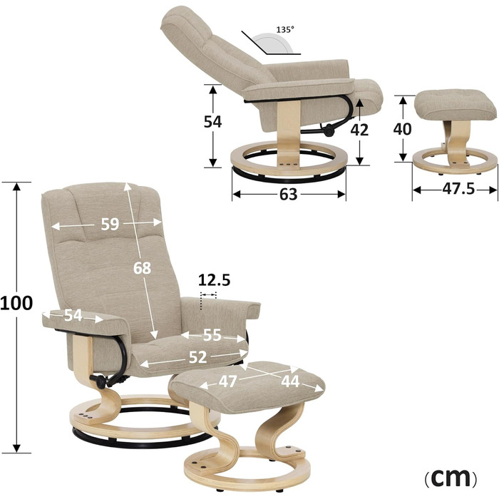 Крісло M MCombo Relax з підніжкою, крісло для телевізора з поворотом на 360 та функцією відкидання, крісло для телевізора вантажопідйомністю до 120 кг, сучасне крісло для вітальні, 9019 (тканина, бежевий) Бежева тканина