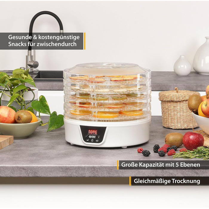Дегідратор TZS First Austria Дегідратор для фруктів, трав, грибів і м'яса цифровий з таймером і регулятором температури 35-70C 5 рівнів, полиці з інкрустацією без бісфенолу А, дегідратор з таймером