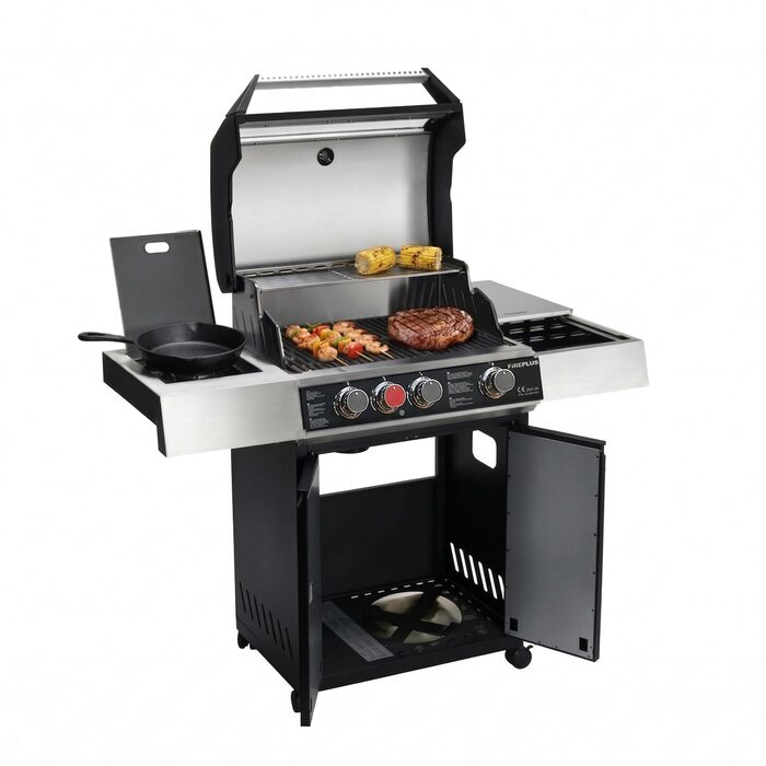 Газовий гриль Amig Fireplus XL GRILL-2 4F (129 x 55 x 115 см) чавунна решітка (60 x 41,5 см), термометр, бічна полиця, нижня шафа та колеса з гальмами, чорний