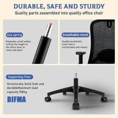 Офісне крісло, ергономічне офісне крісло, зручне робоче крісло, регульоване по висоті, крісло з повітропроникної сітки, обертове крісло з діапазоном повороту 90, 110 та 130, з можливістю блокування, вантажопідйомність до 150 кг, крісло з сітки