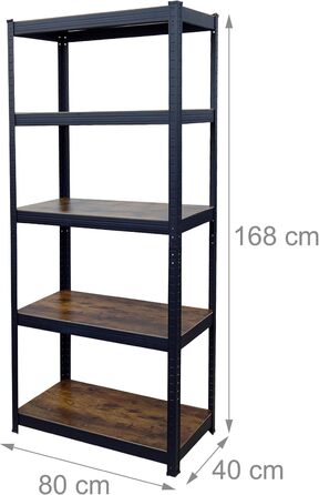 Міцний стелаж Relaxdays, ВШХ 168x80x40 см, 350 кг, 5 полиць, індустріальний стиль, полиця для зберігання в підвалі, вставного типу, чорний/коричневий