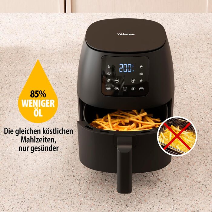 Цифрова фритюрниця Tristar Mini - 2 л - Без олії - 6 програм приготування - Антипригарне покриття - Регульований термостат - 1500 Вт - FR-9015, чорний