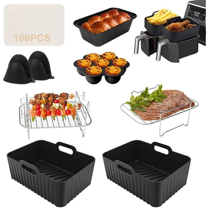 Аксесуари для фритюрниці Аксесуари для фритюрниці Ninja Dual AF300EU AF400EU & Most 3.7 Qt 4.2 Qt і більше, 8 шт. із силіконовою вставкою та решітками аерофритюрниці, форма яйця тощо Чорний2