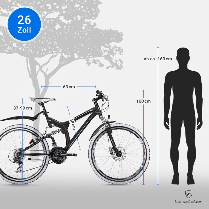 Гірський велосипед Bergsteiger Phoenix 26 дюймів, підходить для зросту від 160 см, дискові гальма, ліхтарі, бризковики, 21-швидкісна коробка передач, повна підвіска, сірий/чорний (матовий)