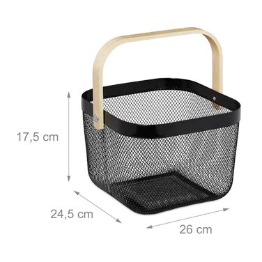 Дротяний кошик Relaxdays з ручкою, комплект з 2 шт. , металевий, бамбук, ВxШxГ 17,5 x 26 x 24,5 см, квадратний кошик для зберігання, чорний
