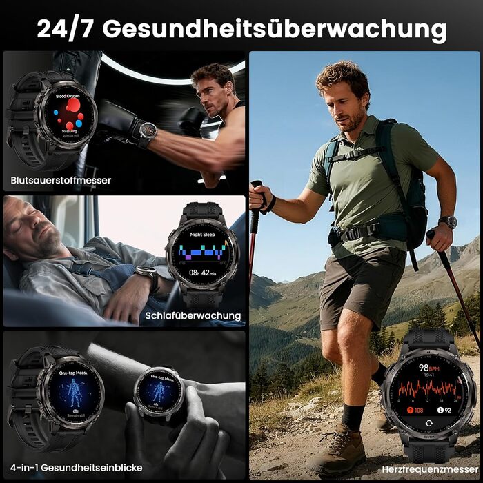 Розумний годинник KOSPET TANK T4C для чоловіків зі світлодіодним підсвічуванням, 1,5-дюймовим AMOLED-дисплеєм, дводіапазонним GPS та компасом, наддовгим часом автономної роботи, цілодобовим відстеженням серцевого ритму та сну, водонепроникністю до 50 м, д