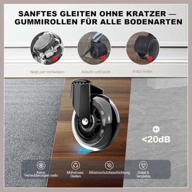 Офісне крісло BASETBL 200 кг, крісло керівника з 4-рівневою газовою пружиною, 3D-підлокітники, регульована поперекова опора та підголівник, тихі гумові ролики, широке сидіння XXL, EN12520, ергономічне офісне крісло чорного кольору з гумовими роликами