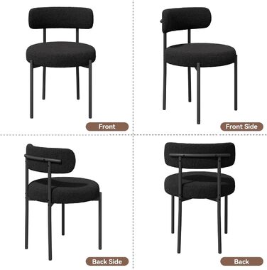 Обідні стільці, комплект з 4 шт. Круглі стільці з букле з тканини Teddy Кухонні стільці з м&39якою оббивкою в стилі середини століття Обідні стільці з металевими ніжками Чорний FU01031BL-4 Комплект з 4 чорних