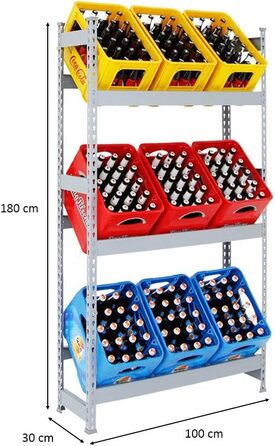 Стелаж для напоїв PROREGAL Camel на 9 ящиків, ВxШxГ 180x100x30 см, вантажопідйомність на полицю 100 кг, сірий, полиця для підвалу, полиця для зберігання, полиця для майстерні, полиця для гаража, сірий, ВxШxГ 180x100x30 см - на 9 ящиків