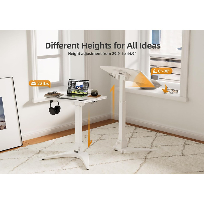 Мобільний стіл для ноутбука Claiks, регульована висота (FSC) 7545 см, складаний та з колесами для гнучкого домашнього офісу, верхня частина з нахилом 90, легкий та компактний, ідеально підходить для дивана, ліжка та крихітного офісу (білий), високоякісний