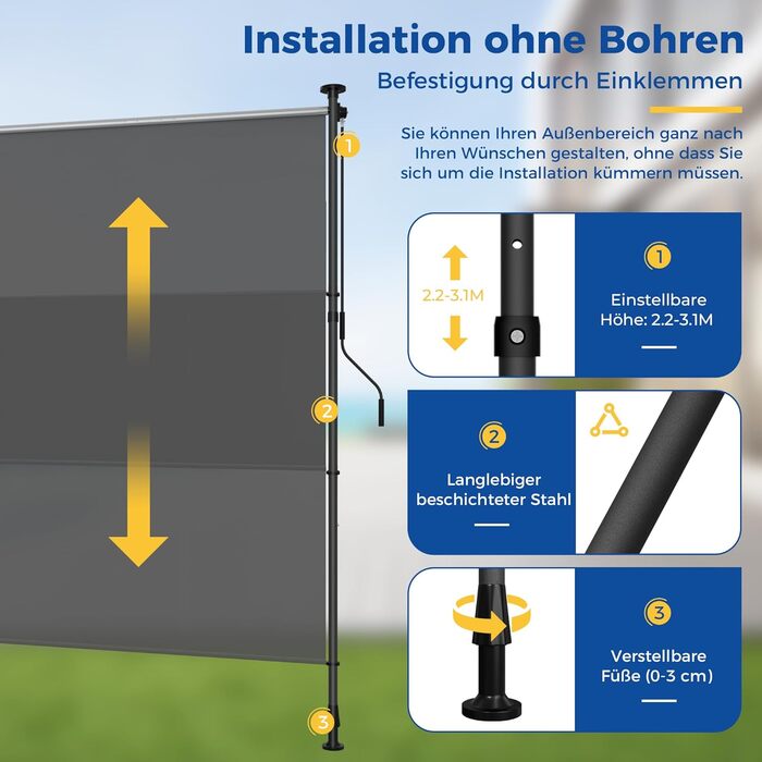 Вертикальна тентована маркіза для вулиці, Вертикальна тентована маркіза без свердління, Балконна жалюзі з ручним приводом, Ширма для забезпечення конфіденційності, Захист від сонця, Вітрозахист, Балкон та сад, 200 x (220-310) см, Ширина тканини 185,5 см, 