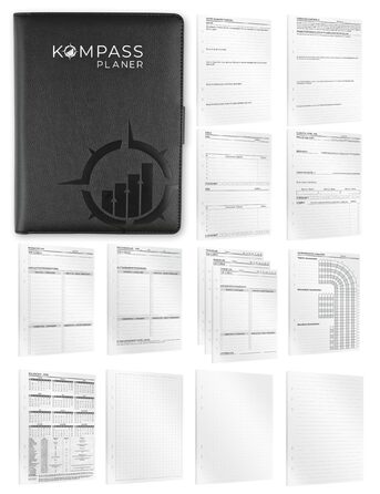 Папка-реєстратор KOMPASS A5 з кільцями, що замінюється, Стартовий набір, включаючи 309 вставок Папка-реєстратор успіху A5 Планувальник справ, щотижневий планувальник, планувальник зустрічей, календар, журнал Bullet, трекер звичок, чорний стартовий набір