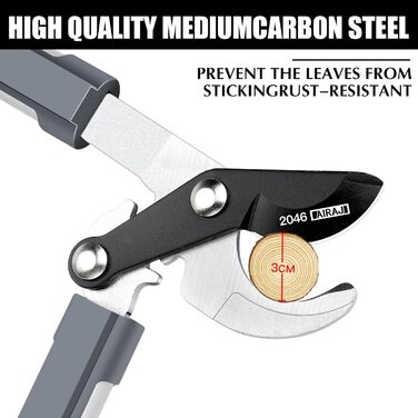 Садові ножиці AIRAJ Bypass 43 см, обрізають гілки 3 см, з тефлоновим покриттям та гострими лезами SK5, можуть обрізати сухі та вологі гілки.