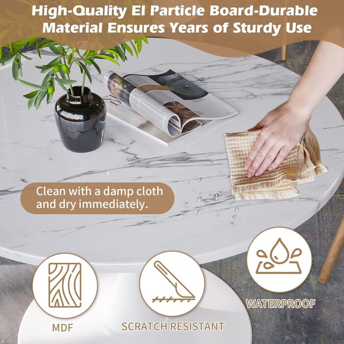 Сучасний круглий обідній стіл, простий обідній стіл для відпочинку, круглий стіл на підставці, бістро-стіл для сніданку на 2-4 особи, журнальний столик, договірний стіл для кухні, їдальні, вітальні та офісу (мармур, 80 см)