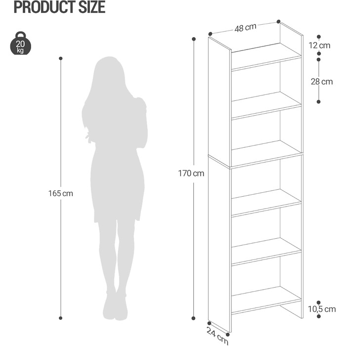 Книжкова полиця Hzuaneri, полиця, окремостояча полиця, офісна полиця, з 6 відділеннями, відкрита, для вітальні, кабінету, офісу, як роздільник кімнати, 24 x 48 x 170 см, біла 01103XBC Білий 24 x 48 x 170 см
