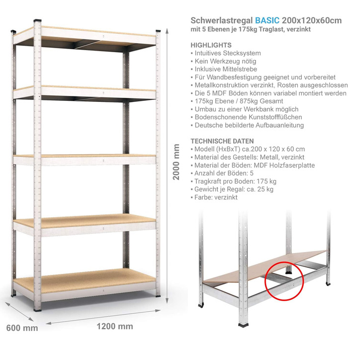 Оцинкований стелаж для зберігання Panorama24, вантажопідйомність до 875 кг - Розміри 200 x 120 x 60 см, полиця, полиця для підвалу, полиця без болтів, полиця для майстерні, полиця для важких робіт