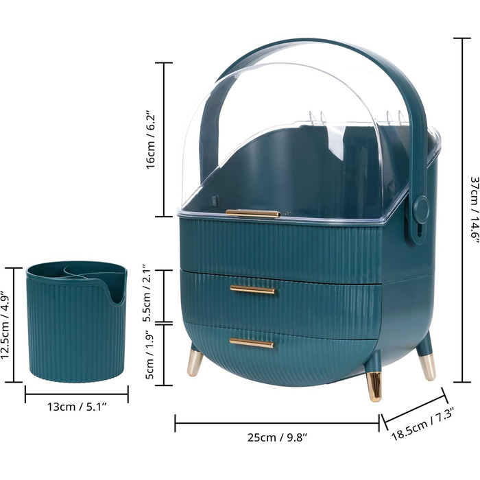 Зимовий органайзер для макіяжу Shore Green з місцем для зберігання пензлика - пластиковий органайзер для макіяжу з 3 рівнями, поворотною ручкою та прозорою кришкою - водонепроникне та пилонепроникне зберігання косметики