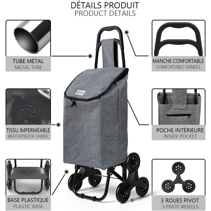 Сумка-візок для покупок зі сходами, складаний візок-тележка з гачком, 3 колеса, водонепроникний, 32л, Сірий
