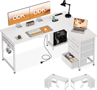 Кутовий письмовий стіл ODK з 4 шухлядами, 135100 см L-подібний стіл з розеткою та портом зарядки USB, двосторонній стіл з місцем для зберігання для домашнього офісу, білий колір 135 100 см
